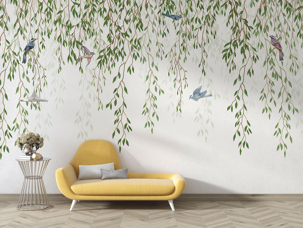 Willow tree wallpaper with birds creating a peaceful atmosphere in a modern living room