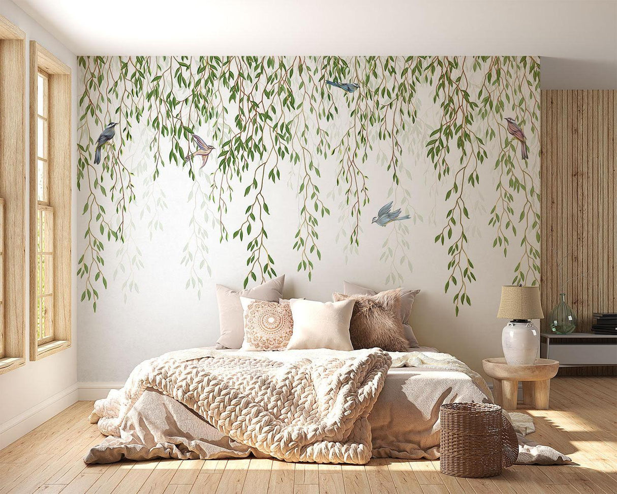 Nature wall mural with willow branches in a cozy bedroom setting