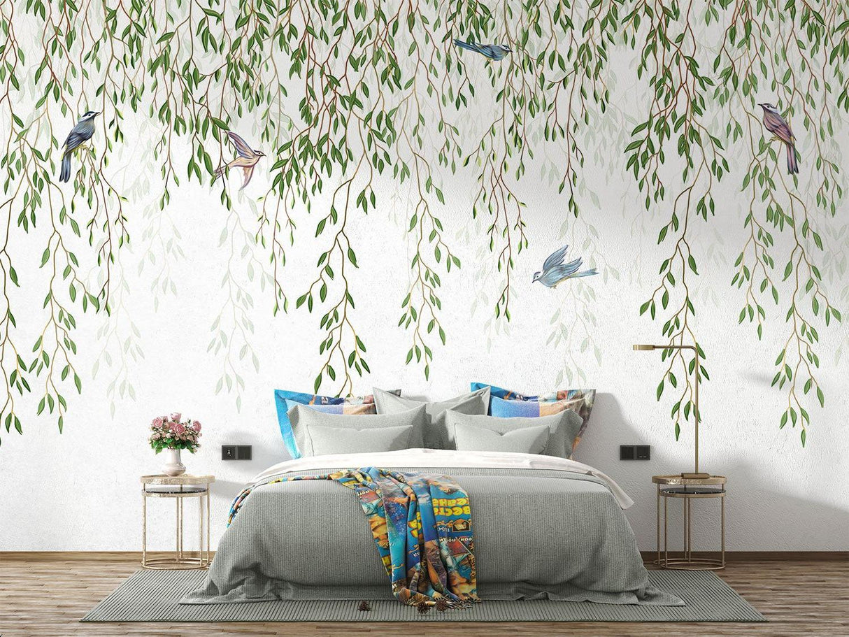 Botanical willow tree mural transforming a dining room wall