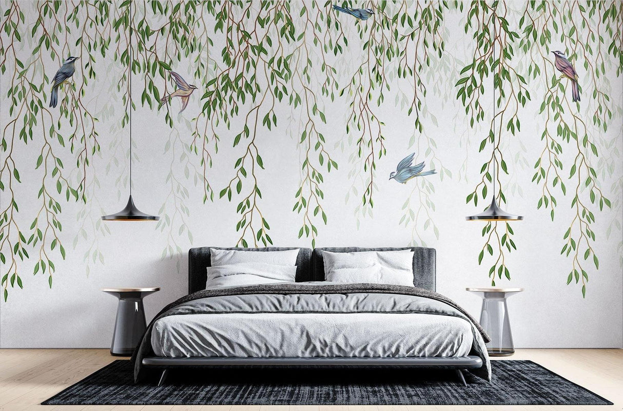 Willow branches and birds wallpaper creating depth in a home office