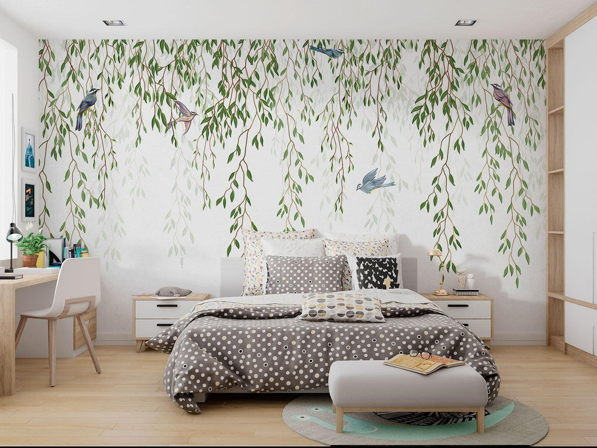 Garden theme wall mural with willow trees in an entrance hallway