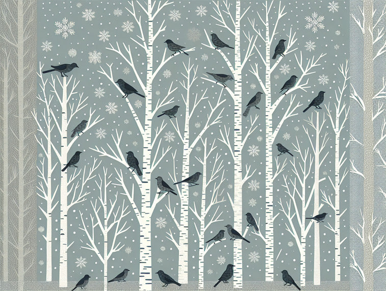 Winter birds forest wallpaper design file showing detailed birch trees and perching birds pattern