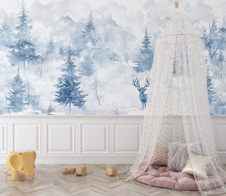 Winter forest wallpaper with deer in a modern Scandinavian living room, creating a serene atmosphere
