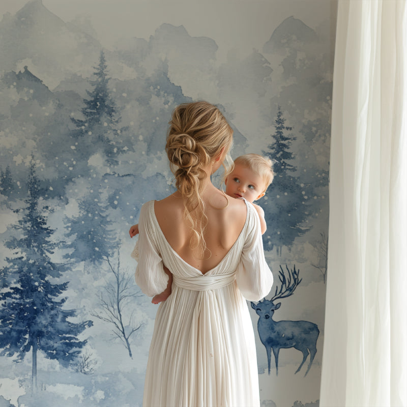 Winter woodland wallpaper bringing nature indoors in a minimal dining room