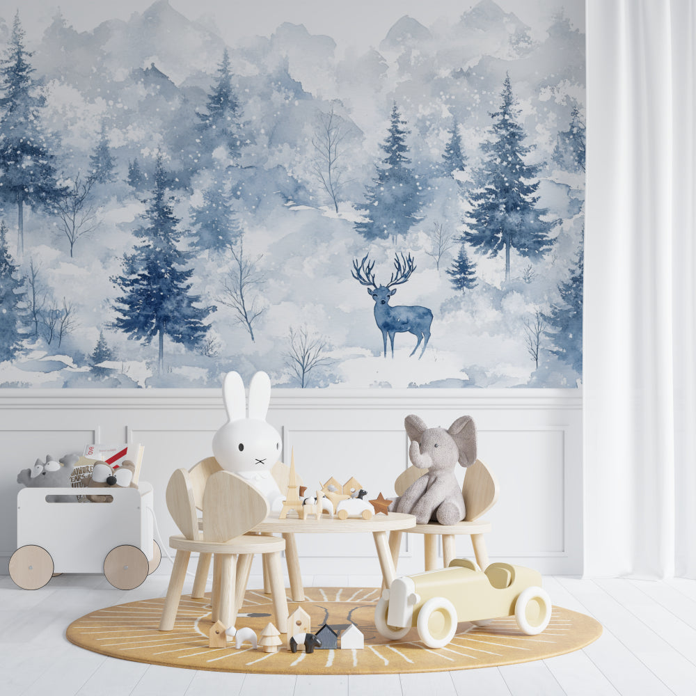 Forest deer wallpaper creating depth in a Nordic-style home office