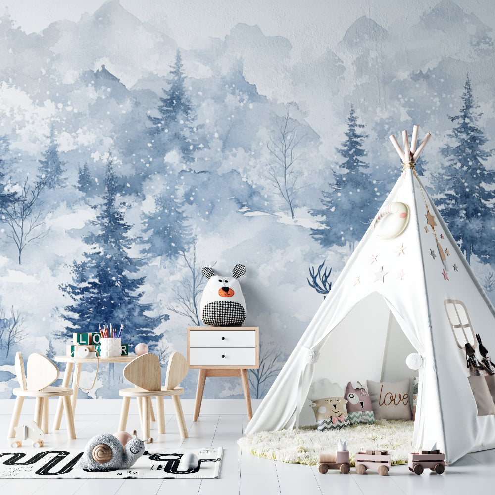 Snowy forest mural adding winter charm to a peaceful reading nook