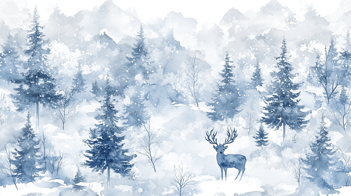 Winter forest and deer design file showing detailed pine trees and gentle snowfall pattern