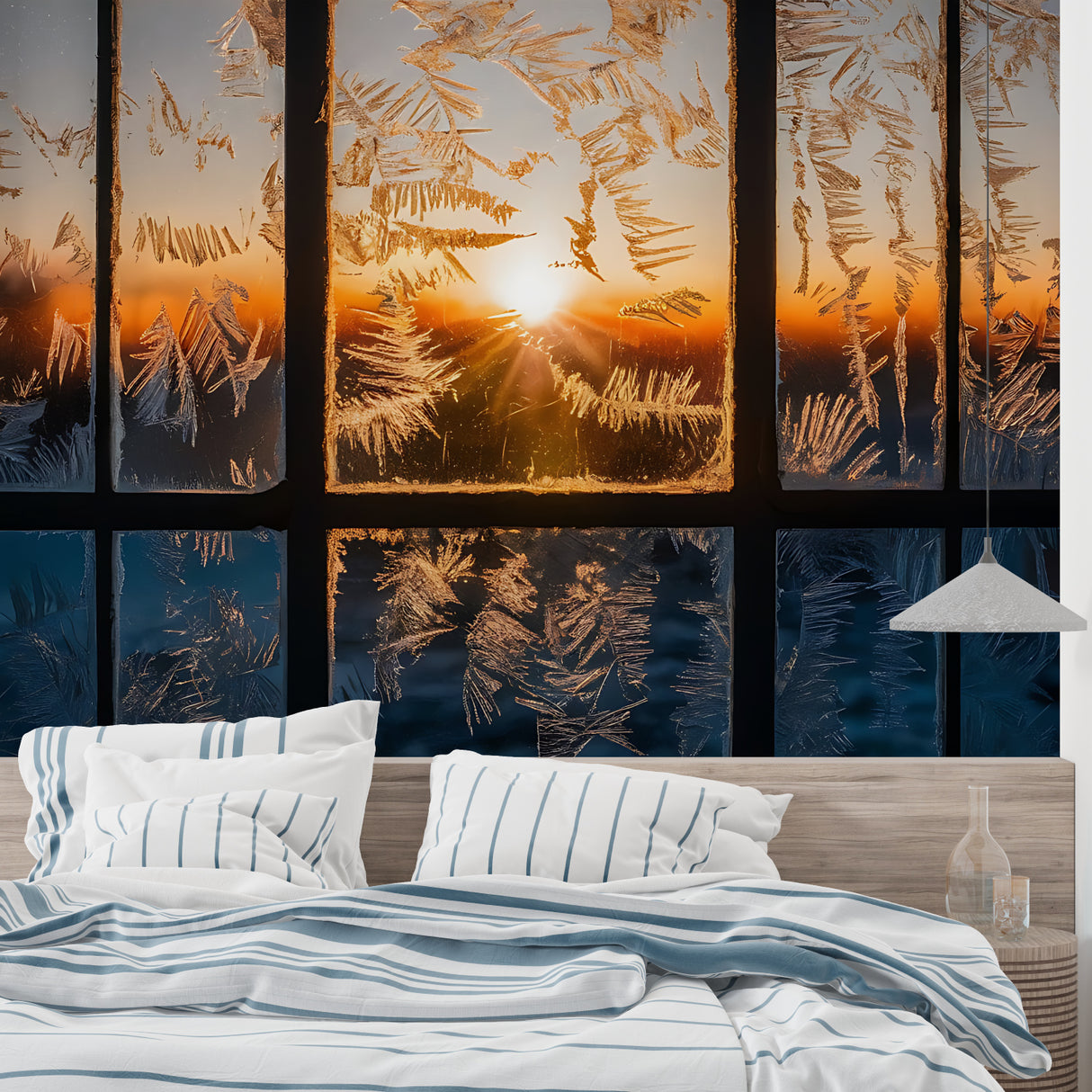 Winter sunset frosted window mural wallpaper in modern living room creating cozy atmosphere
