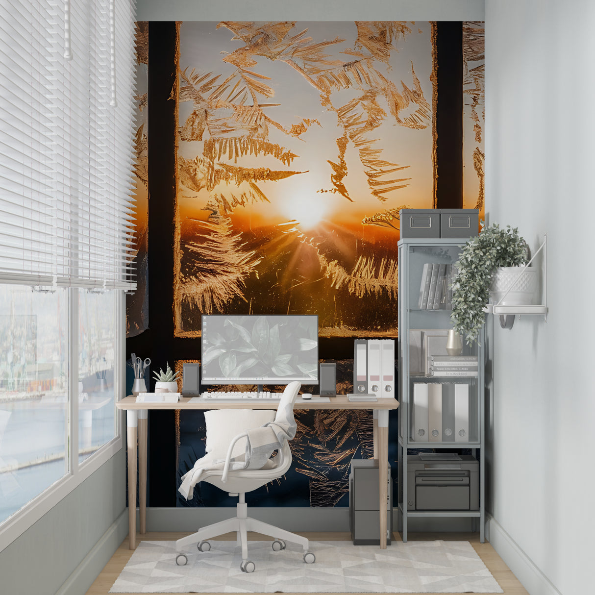 Frosted window nature wallpaper bringing warmth to minimalist bedroom