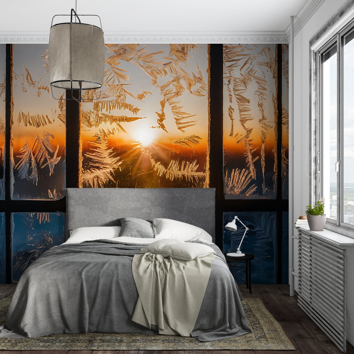 Winter sunset wall mural in dining room with natural light enhancement