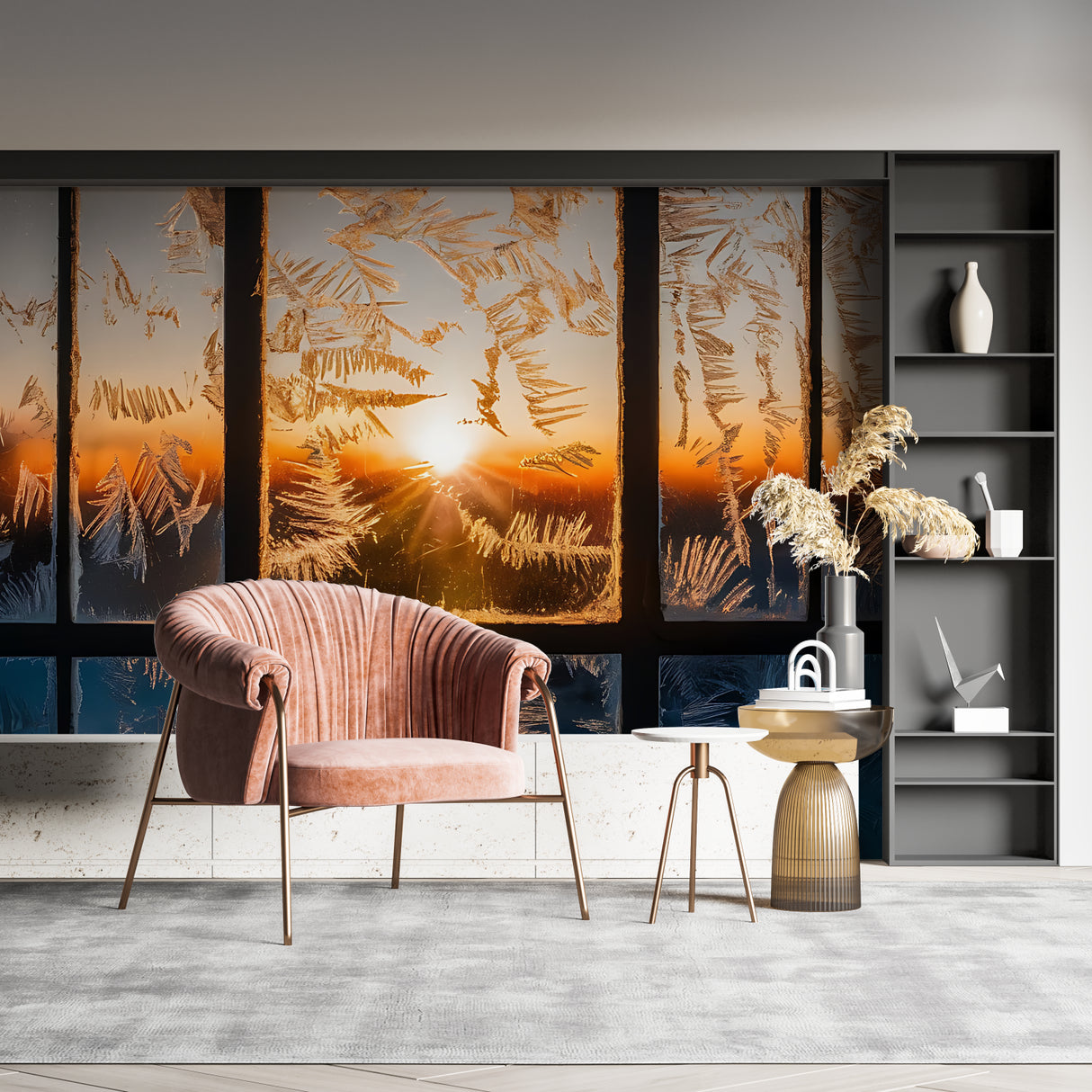 Sunset frost window mural creating depth in meditation room