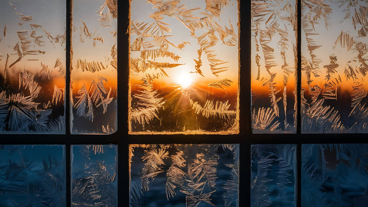 Winter sunset frosted window design file showing intricate frost patterns and warm light details