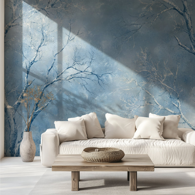 Blue forest mural adding depth to a home office with contemporary decor