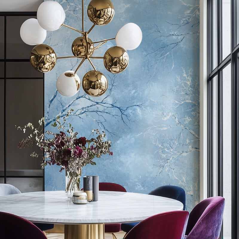 Winter forest wallpaper transforming a dining room with elegant table setting