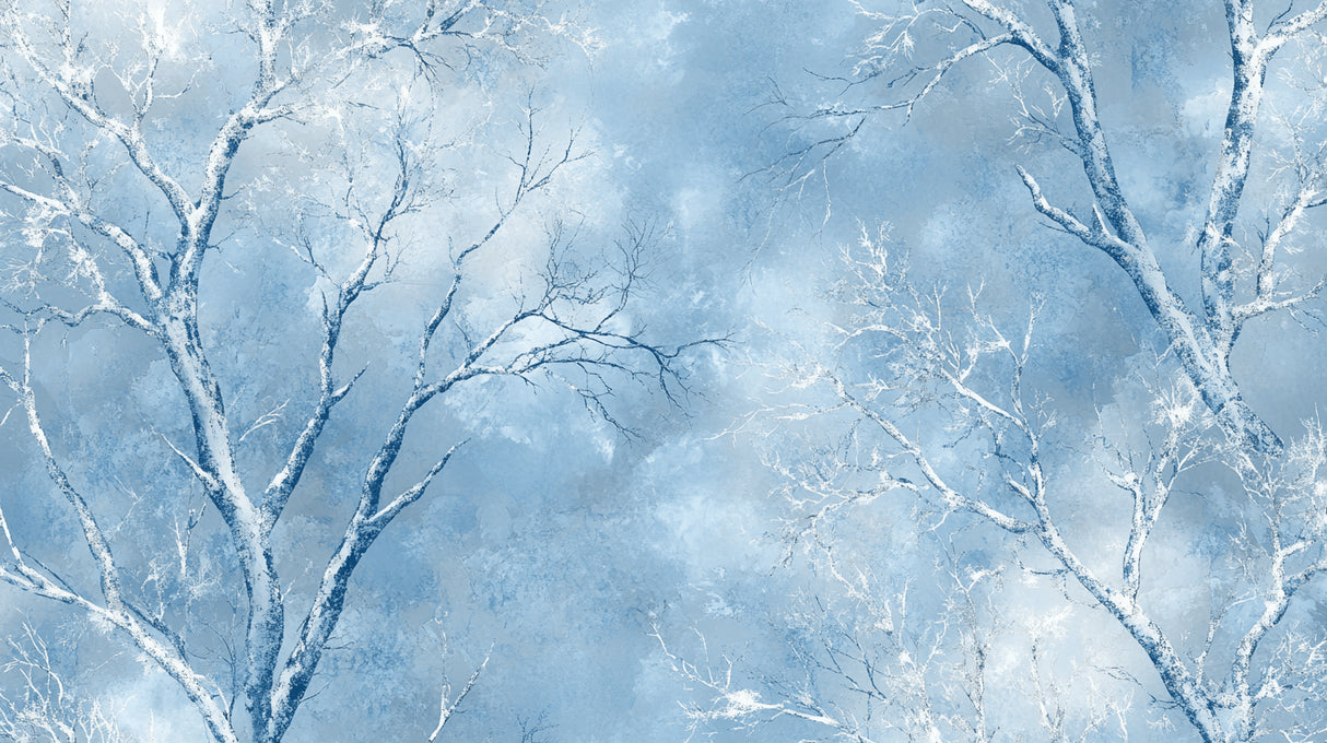 Winter forest design file showing detailed frost-kissed branches and misty blue backdrop pattern