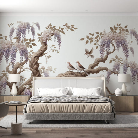 Wisteria bird wallpaper creating a fresh spring atmosphere in a bright living room with purple blooms and brown branches