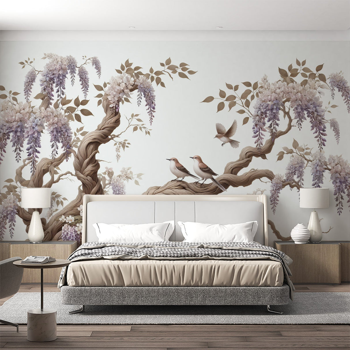 Wisteria bird wallpaper creating a fresh spring atmosphere in a bright living room with purple blooms and brown branches