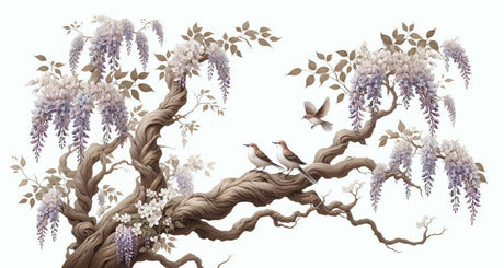 Wisteria wallpaper design file showing detailed purple flowers, birds, and twisted branches pattern