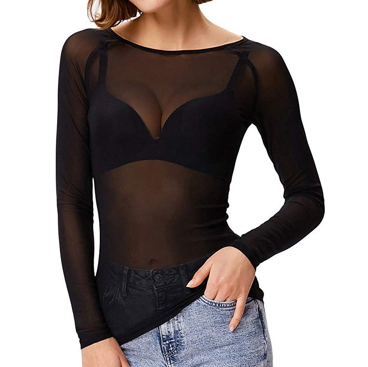Sheer Mesh Top Long Sleeve Transparent Design - Product detail 5