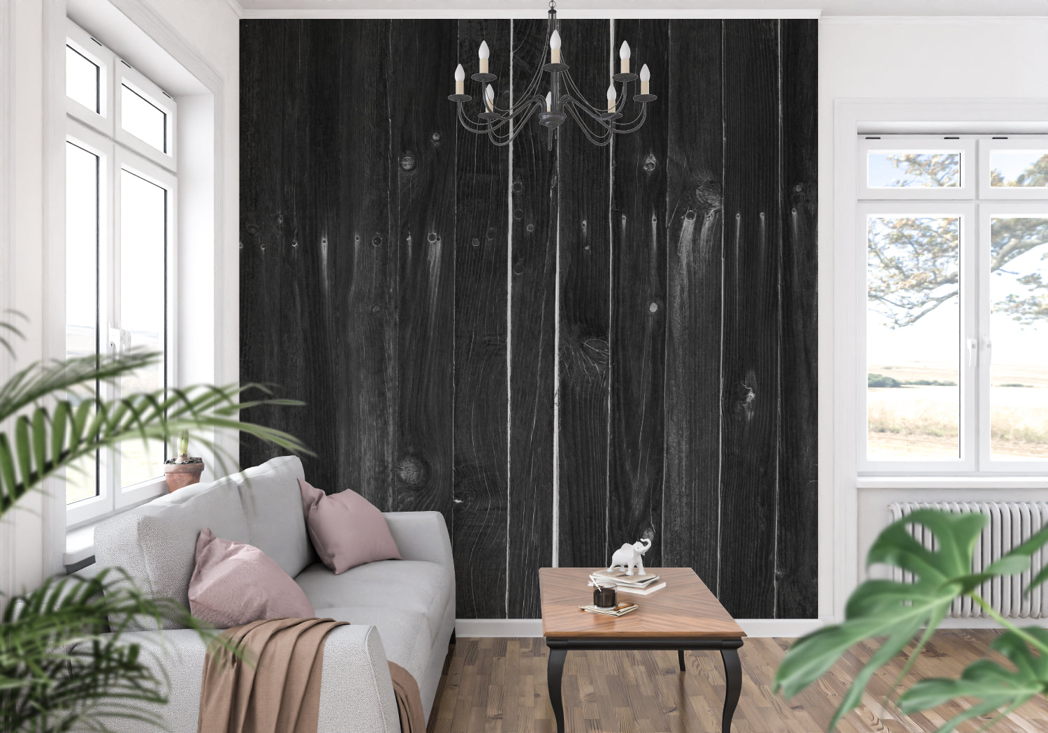 Dark wood wall mural in minimalist dining room with pendant lighting