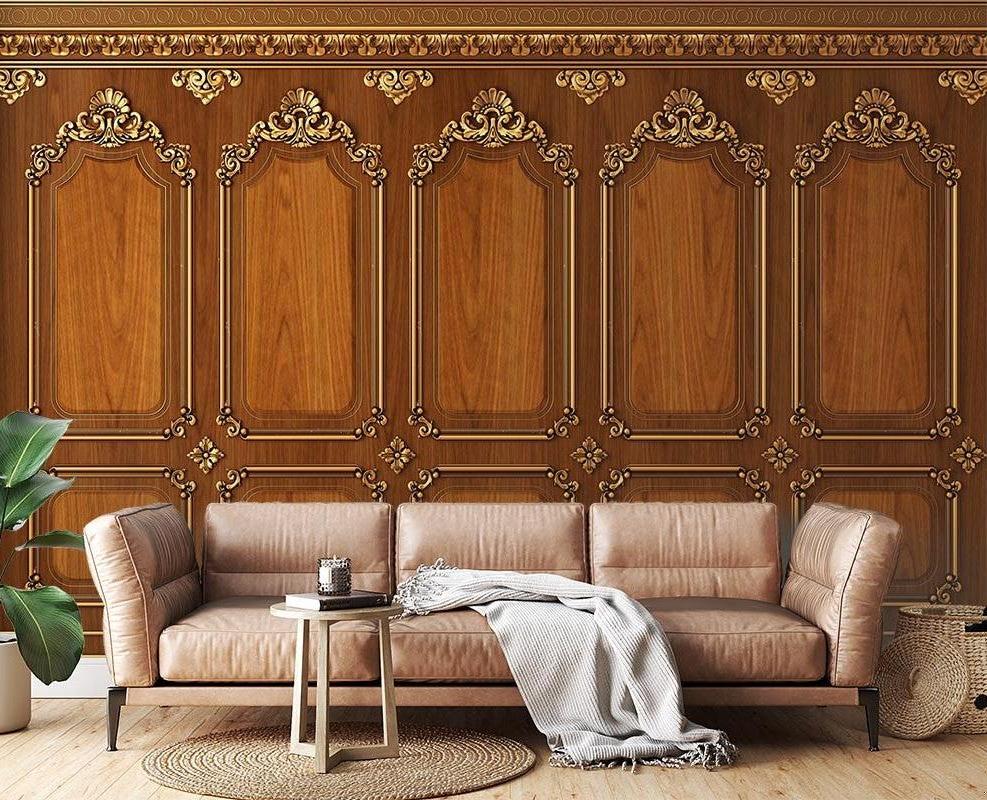 Wood panel wallpaper creating elegant atmosphere in modern living room with Art Deco furniture