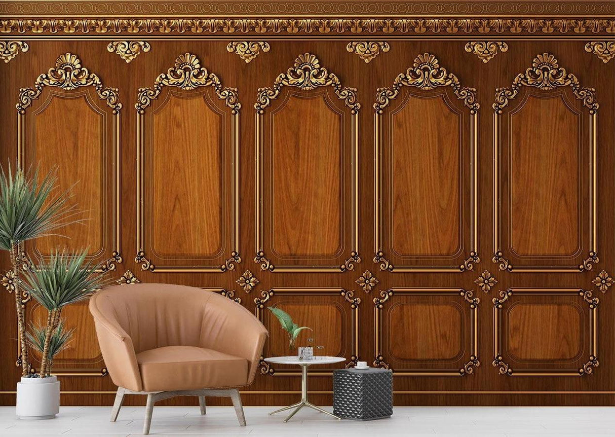 Luxury wood panel mural wallpaper installed in master bedroom with warm lighting