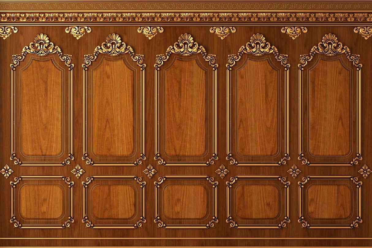Art Deco wood panel wallpaper design file showing intricate golden details and honey-toned finish