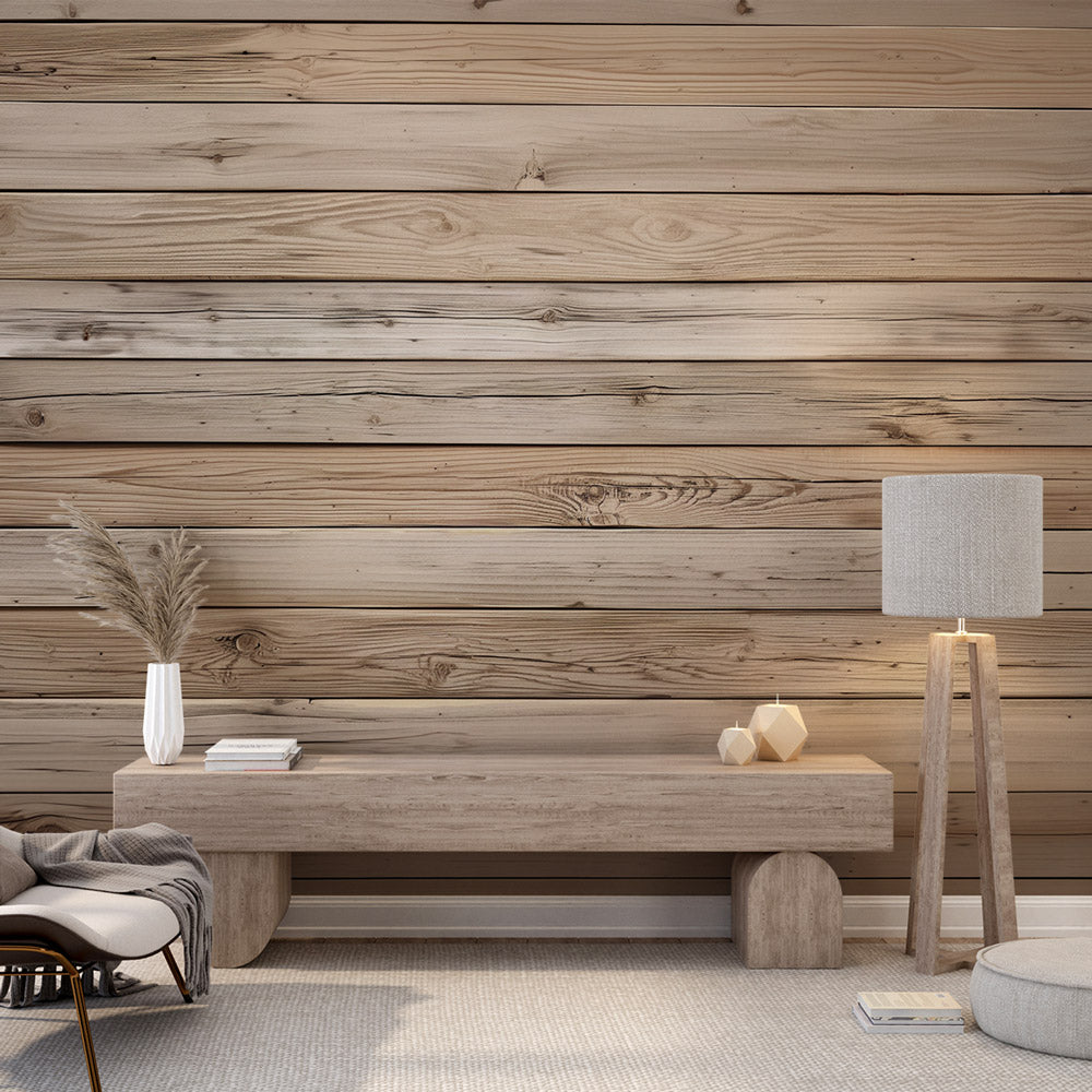 Pine plank wallpaper creating a warm atmosphere in a modern living room with grey sofa and plants