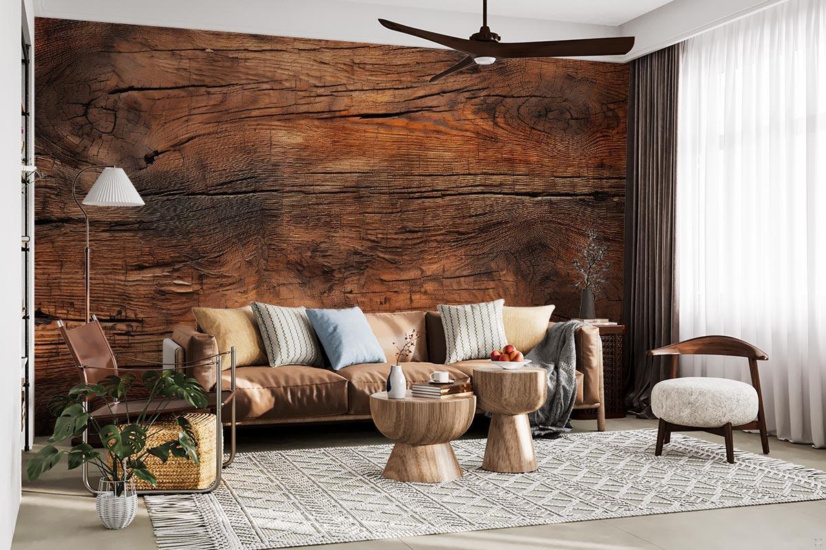 Brown oak texture wallpaper adding character to dining room with wooden table and pendant lights
