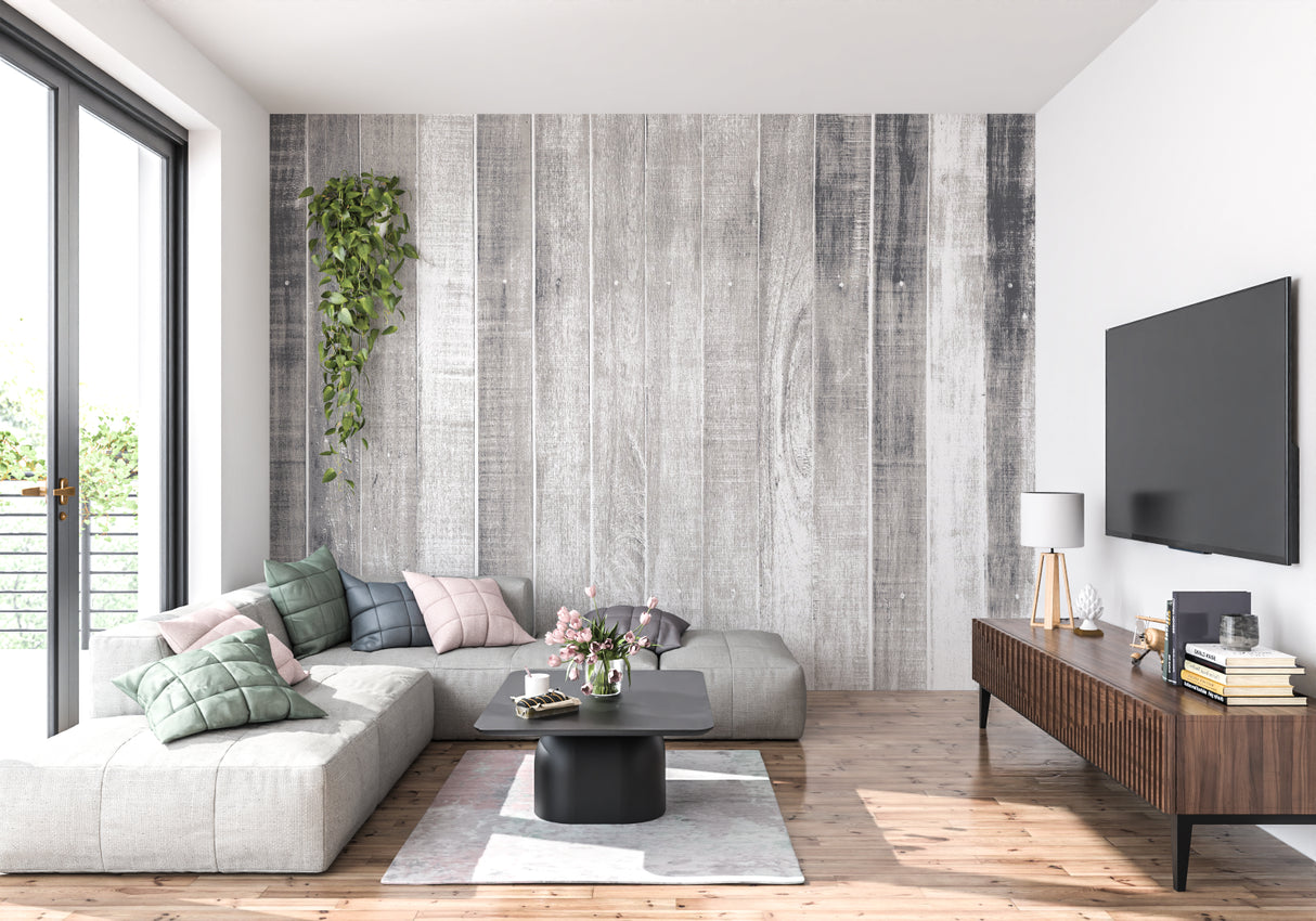 Grey wooden plank design making a dining room feel more inviting