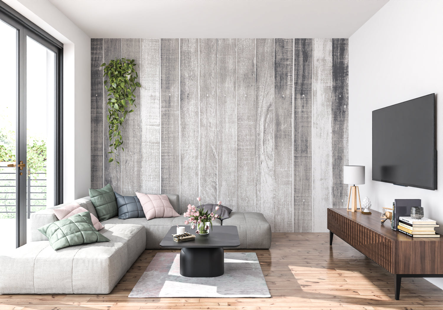 Grey wooden plank design making a dining room feel more inviting