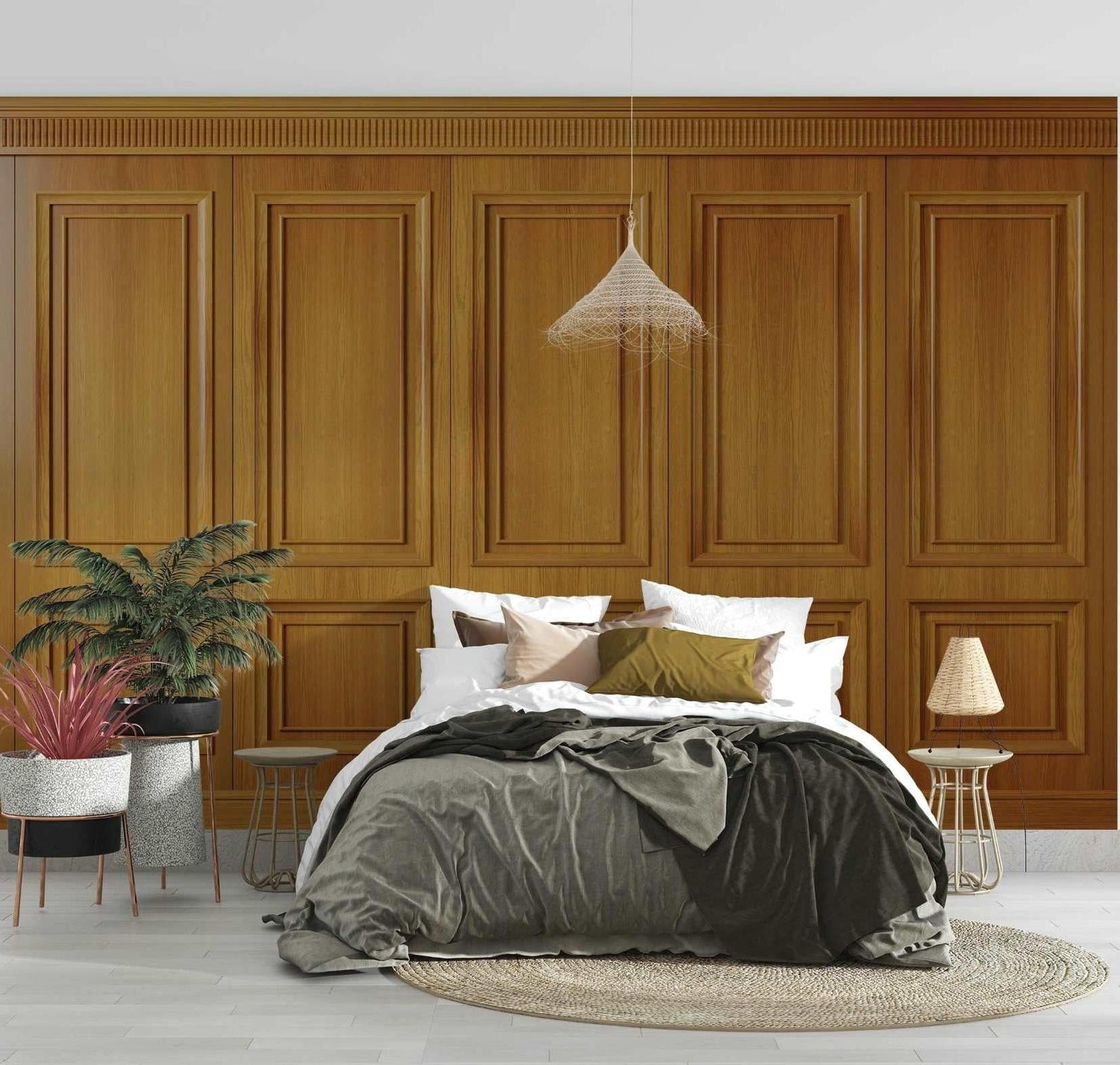 Wood panel wallpaper creating an elegant dining room with classic oak wainscoting design and warm lighting