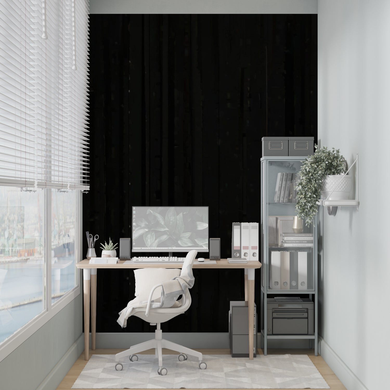 Modern black wood wallpaper installation in upscale office space