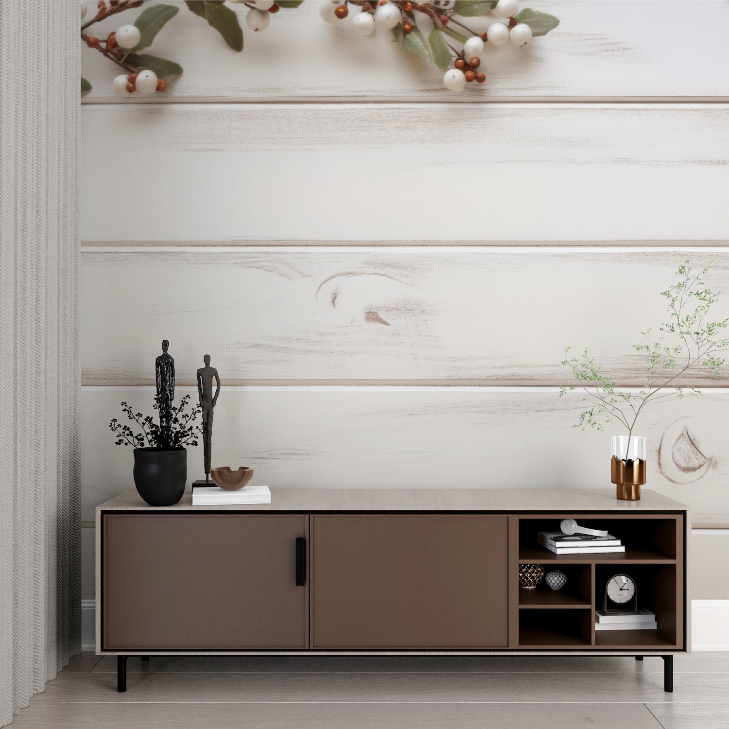 White washed wood plank wallpaper in a bright Scandinavian living room with modern furniture