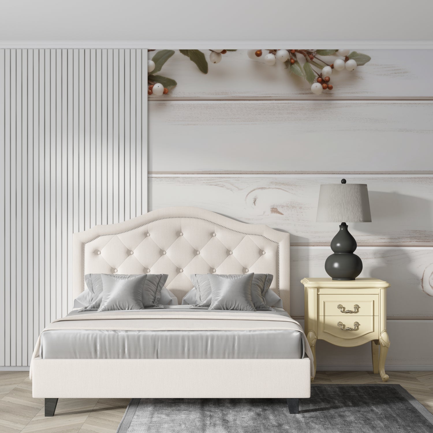 Whitewashed wood wallpaper in modern home office setting