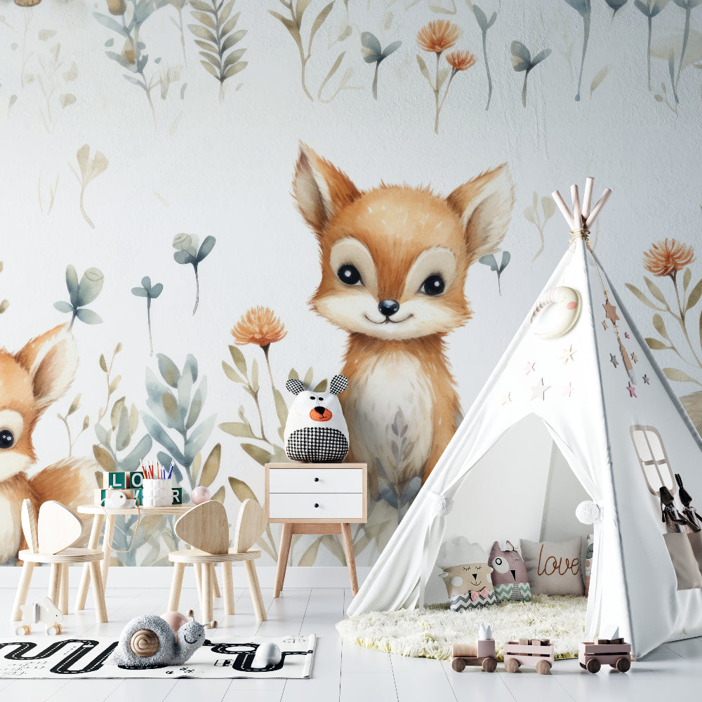 Fox Wall Mural featured in a modern children's reading nook with comfy chair and bookshelf