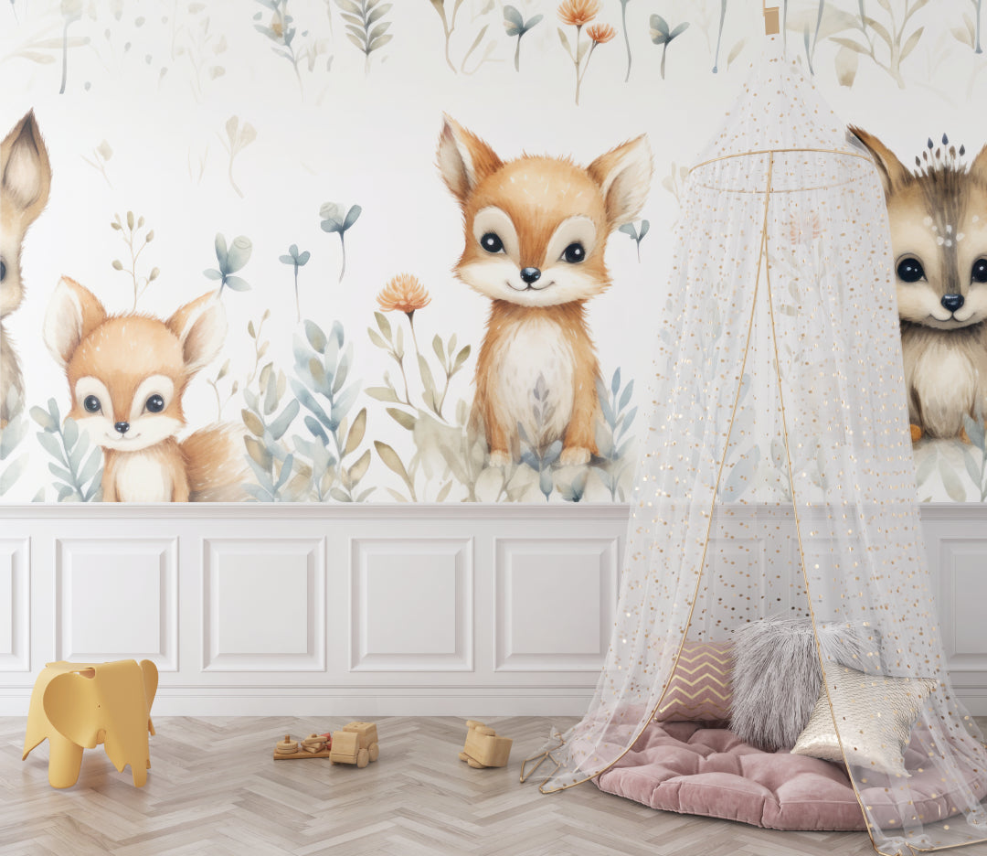 Watercolor Fox Wallpaper showcased in a playroom setting with natural light and wooden toys