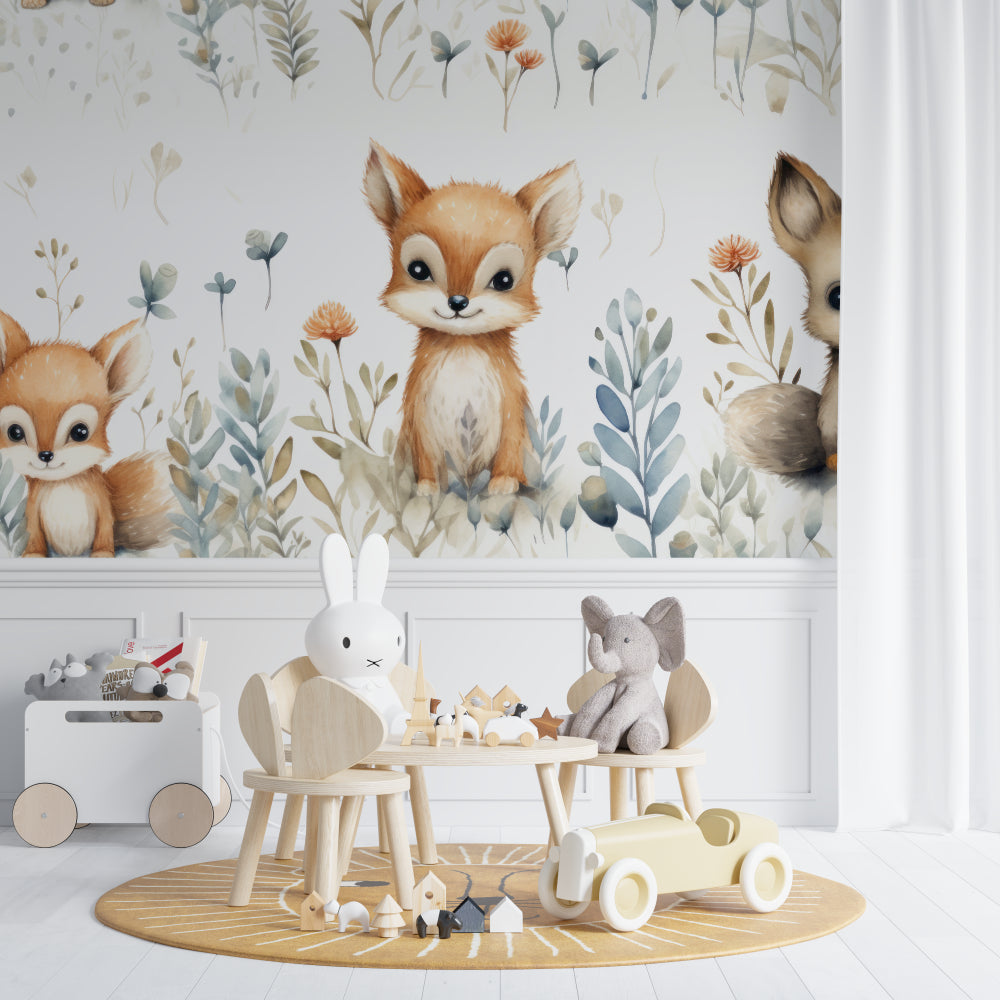 Fox and Floral Nursery Mural displayed in a gender-neutral baby room with minimal decor