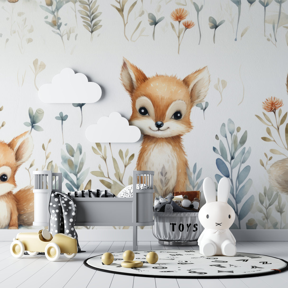 Woodland Nursery Wall Mural styled in a Scandinavian-inspired children's bedroom
