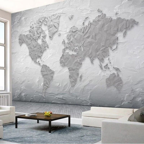 3D World Map Wallpaper in modern home office with grey furniture and natural light