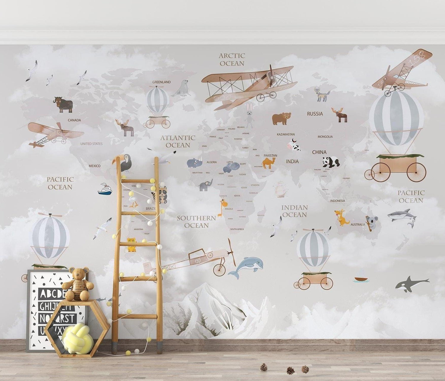 Kids World Map Wallpaper displayed in playroom showing scale and educational detail