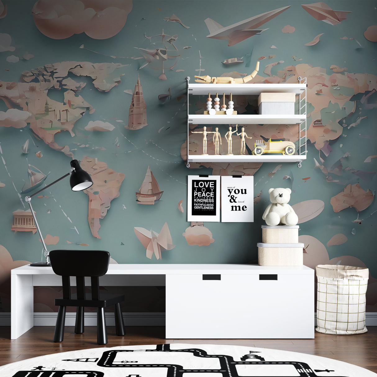 World Map Wallpaper creating a magical learning space in a bright kids bedroom with modern furniture