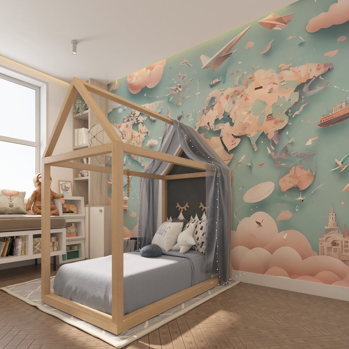 Educational map mural displayed in a cozy study corner with reading nook