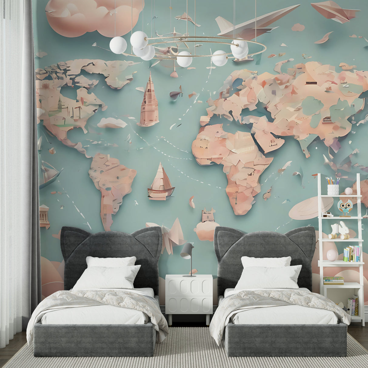 World map wall mural bringing color and education to a modern playroom setting