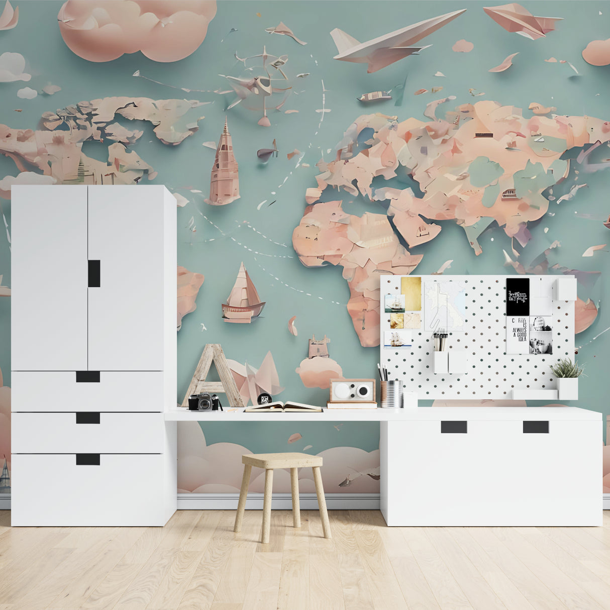 Kids world map wallpaper installation in a nursery with minimal decor