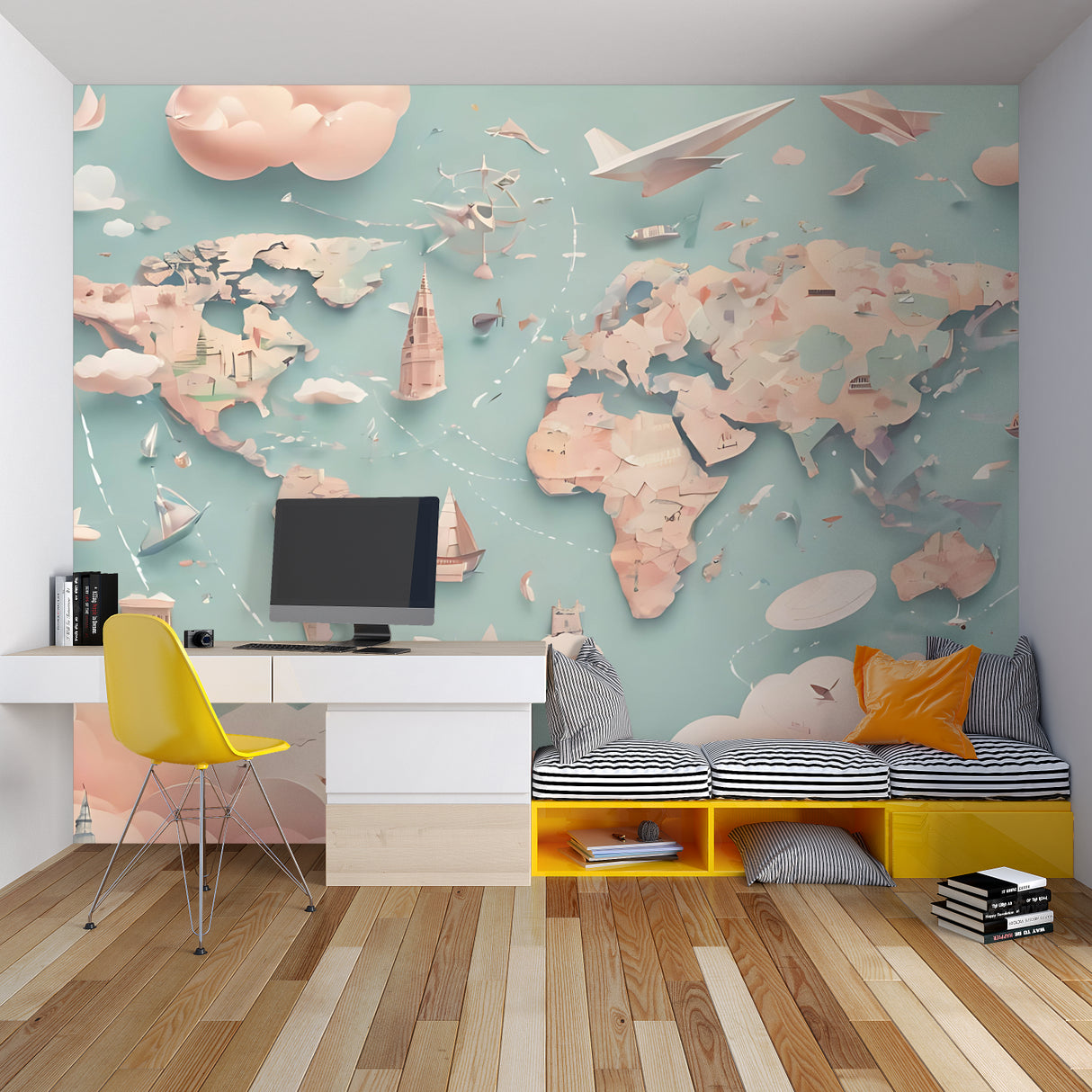 Map wallpaper creating an inspiring atmosphere in a home school room