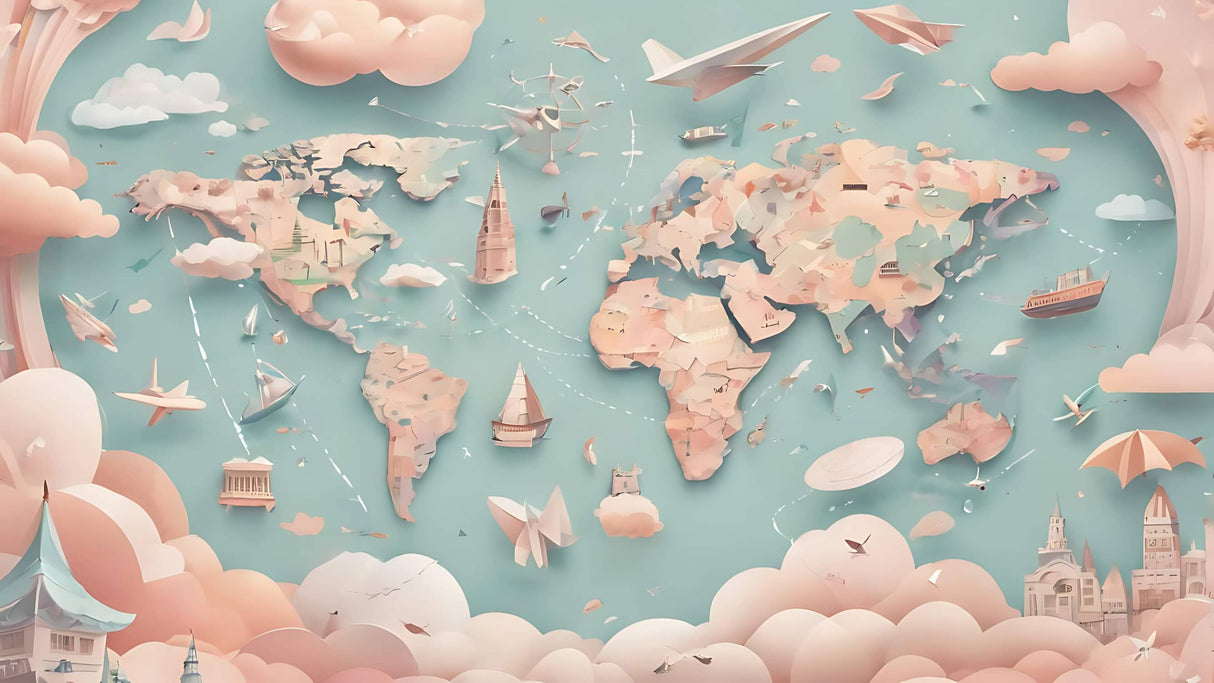 World Map Wallpaper design file showing detailed paper planes and soft sage-pink color scheme