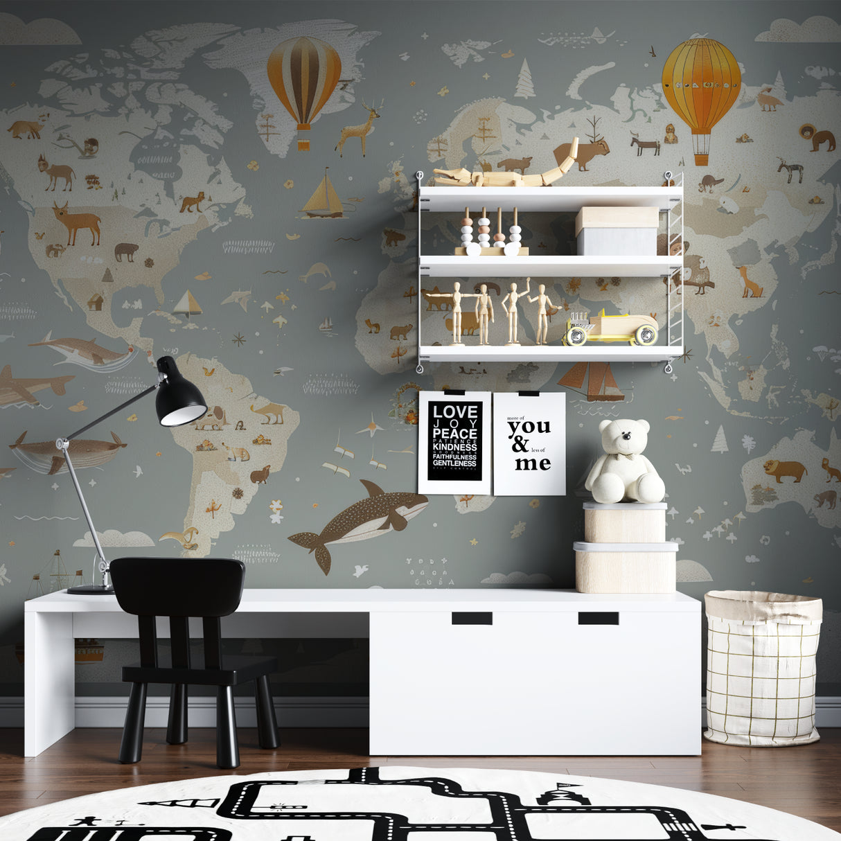 Animal world map mural displayed in nursery with reading nook