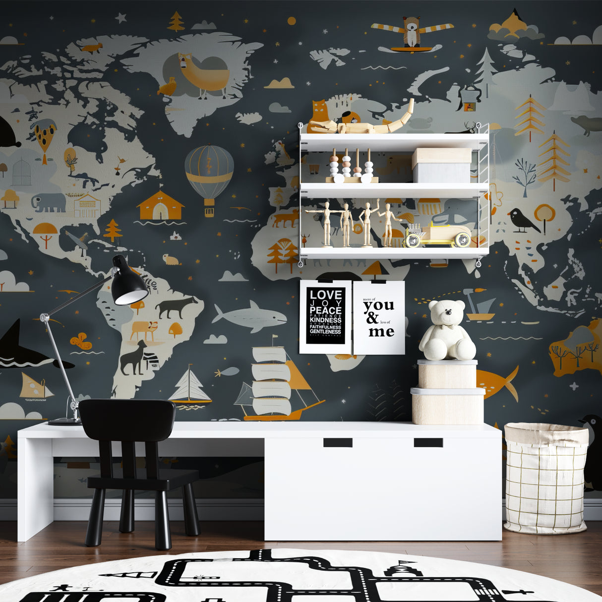 Kids gathering around world map wallpaper in a reading nook learning about animals