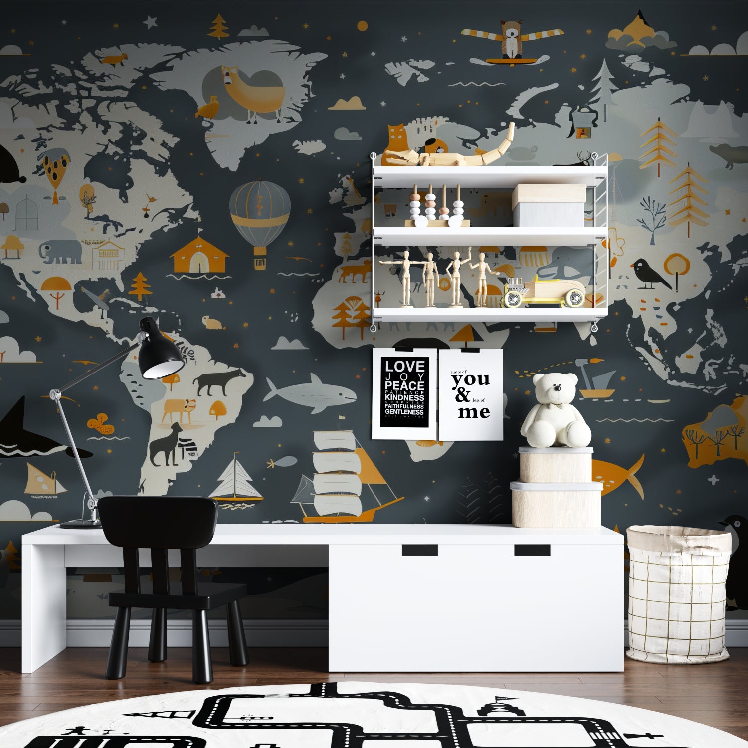 Kids gathering around world map wallpaper in a reading nook learning about animals